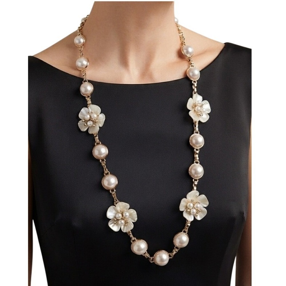 Long Statement Faux Pearl Flower Necklace Waist Belt Gold Feminine Romantic